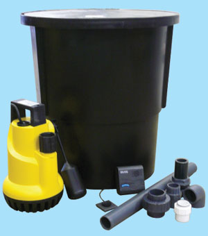 Black sump, sump pump and plumbing fittings